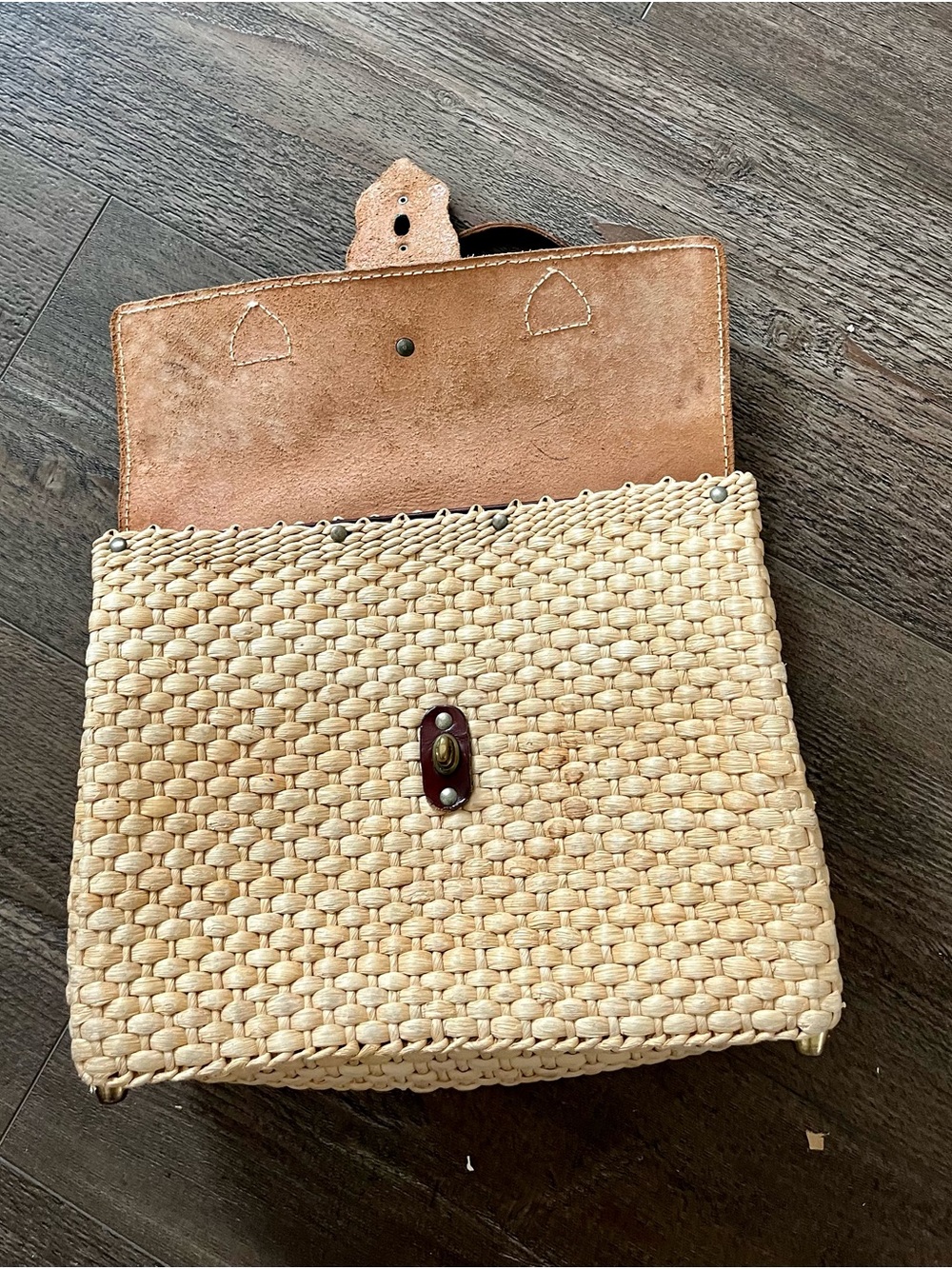 Brown Leather & Natural Woven Tote Handbag 10/13 Inches - Picture 8 of 10